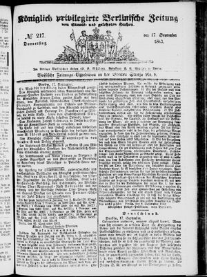 Königlich privilegirte Berlinische Zeitung von Staats- und gelehrten Sachen on Sep 17, 1863