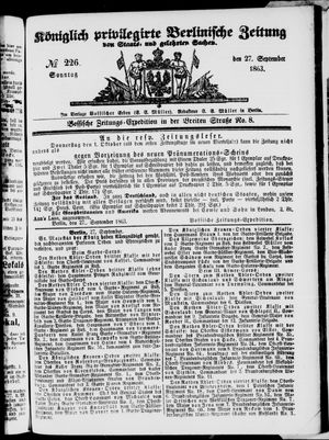 Königlich privilegirte Berlinische Zeitung von Staats- und gelehrten Sachen on Sep 27, 1863