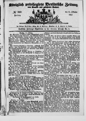 Königlich privilegirte Berlinische Zeitung von Staats- und gelehrten Sachen vom 16.10.1863