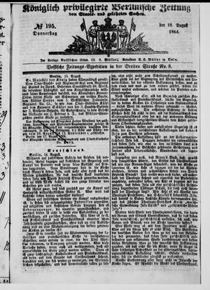 Königlich privilegirte Berlinische Zeitung von Staats- und gelehrten Sachen on Aug 18, 1864