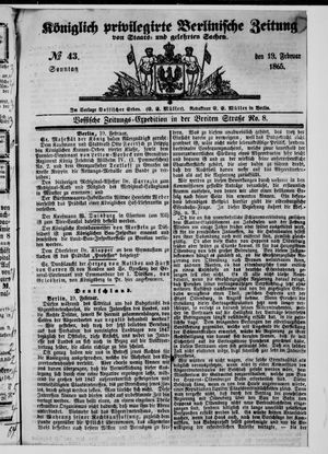 Königlich privilegirte Berlinische Zeitung von Staats- und gelehrten Sachen vom 19.02.1865