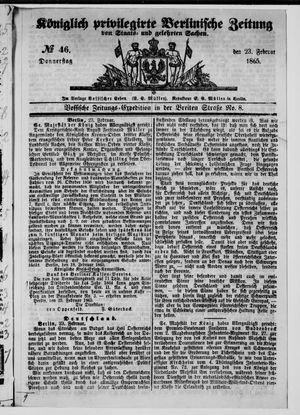 Königlich privilegirte Berlinische Zeitung von Staats- und gelehrten Sachen vom 23.02.1865