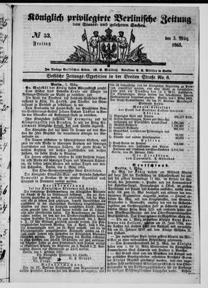 Königlich privilegirte Berlinische Zeitung von Staats- und gelehrten Sachen on Mar 3, 1865