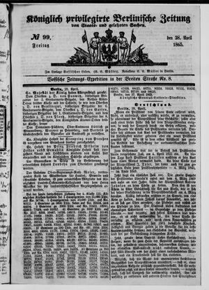 Königlich privilegirte Berlinische Zeitung von Staats- und gelehrten Sachen on Apr 28, 1865