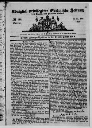Königlich privilegirte Berlinische Zeitung von Staats- und gelehrten Sachen vom 21.05.1865