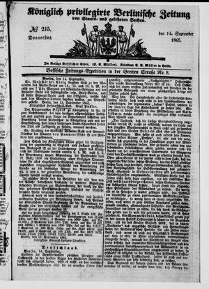 Königlich privilegirte Berlinische Zeitung von Staats- und gelehrten Sachen on Sep 14, 1865