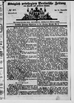 Königlich privilegirte Berlinische Zeitung von Staats- und gelehrten Sachen vom 16.09.1865