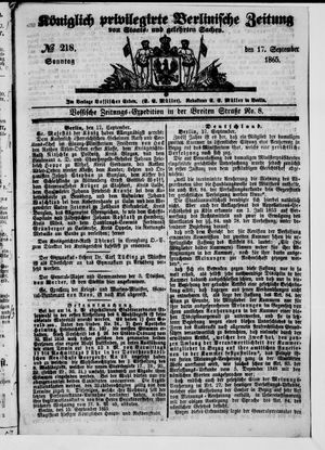 Königlich privilegirte Berlinische Zeitung von Staats- und gelehrten Sachen on Sep 17, 1865