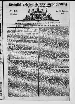 Königlich privilegirte Berlinische Zeitung von Staats- und gelehrten Sachen vom 19.09.1865