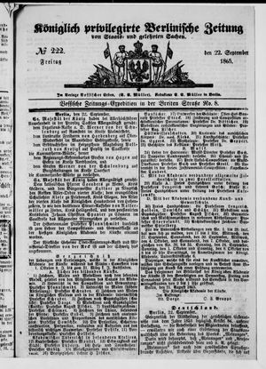 Königlich privilegirte Berlinische Zeitung von Staats- und gelehrten Sachen vom 22.09.1865