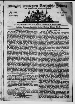 Königlich privilegirte Berlinische Zeitung von Staats- und gelehrten Sachen on Oct 5, 1865
