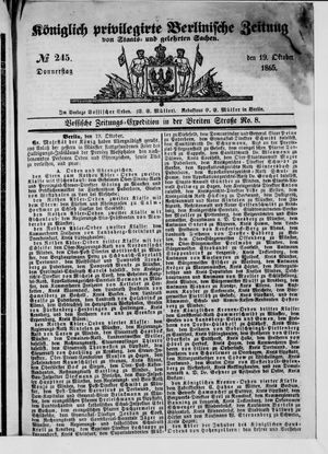 Königlich privilegirte Berlinische Zeitung von Staats- und gelehrten Sachen vom 19.10.1865