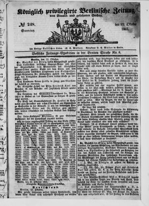 Königlich privilegirte Berlinische Zeitung von Staats- und gelehrten Sachen vom 22.10.1865