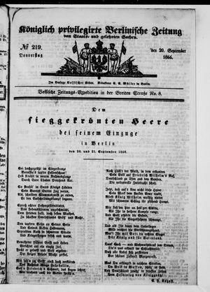 Königlich privilegirte Berlinische Zeitung von Staats- und gelehrten Sachen vom 20.09.1866