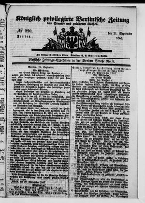 Königlich privilegirte Berlinische Zeitung von Staats- und gelehrten Sachen vom 21.09.1866