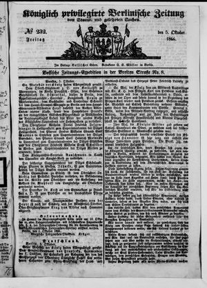 Königlich privilegirte Berlinische Zeitung von Staats- und gelehrten Sachen on Oct 5, 1866