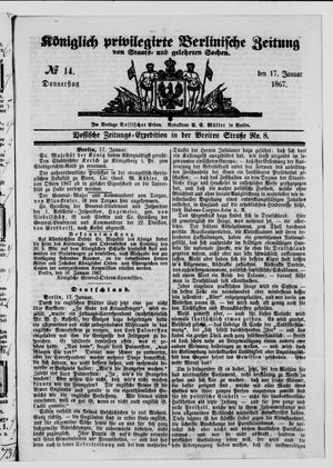 Königlich privilegirte Berlinische Zeitung von Staats- und gelehrten Sachen vom 17.01.1867