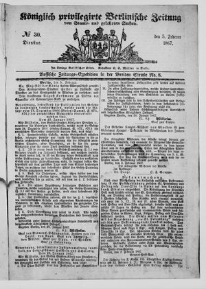 Königlich privilegirte Berlinische Zeitung von Staats- und gelehrten Sachen on Feb 5, 1867