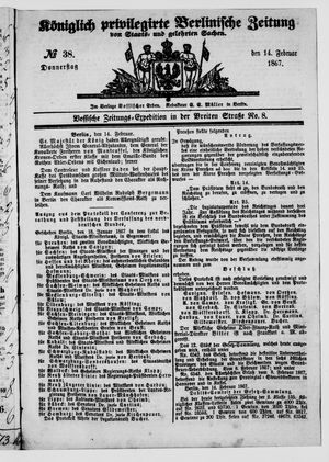 Königlich privilegirte Berlinische Zeitung von Staats- und gelehrten Sachen vom 14.02.1867