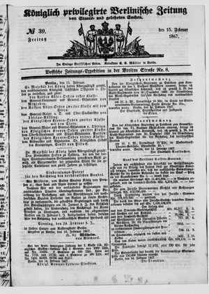 Königlich privilegirte Berlinische Zeitung von Staats- und gelehrten Sachen vom 15.02.1867