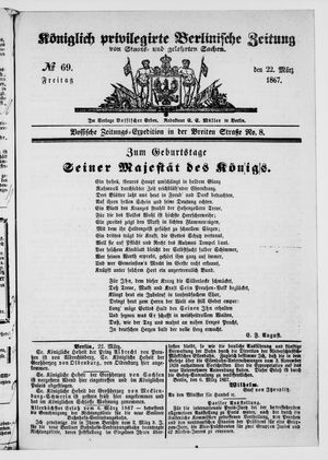 Königlich privilegirte Berlinische Zeitung von Staats- und gelehrten Sachen vom 22.03.1867