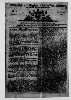 Königlich privilegirte Berlinische Zeitung von Staats- und gelehrten Sachen on Apr 2, 1867