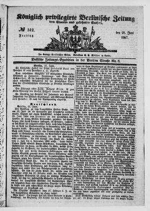 Königlich privilegirte Berlinische Zeitung von Staats- und gelehrten Sachen vom 21.06.1867