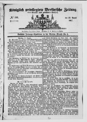 Königlich privilegirte Berlinische Zeitung von Staats- und gelehrten Sachen vom 23.08.1867