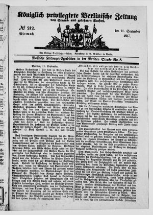 Königlich privilegirte Berlinische Zeitung von Staats- und gelehrten Sachen vom 11.09.1867