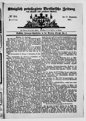 Königlich privilegirte Berlinische Zeitung von Staats- und gelehrten Sachen on Sep 13, 1867