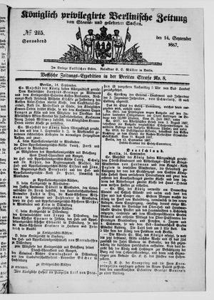 Königlich privilegirte Berlinische Zeitung von Staats- und gelehrten Sachen vom 14.09.1867