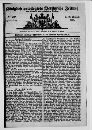 Königlich privilegirte Berlinische Zeitung von Staats- und gelehrten Sachen vom 19.09.1867
