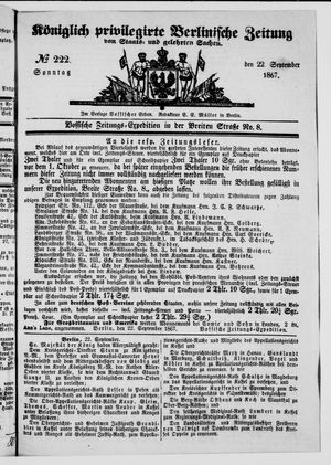 Königlich privilegirte Berlinische Zeitung von Staats- und gelehrten Sachen vom 22.09.1867
