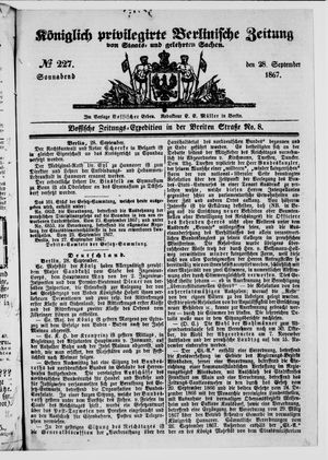 Königlich privilegirte Berlinische Zeitung von Staats- und gelehrten Sachen vom 28.09.1867