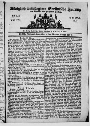 Königlich privilegirte Berlinische Zeitung von Staats- und gelehrten Sachen vom 13.10.1867