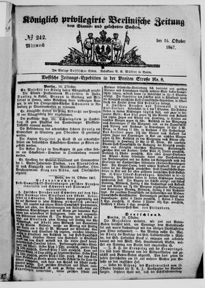 Königlich privilegirte Berlinische Zeitung von Staats- und gelehrten Sachen vom 16.10.1867
