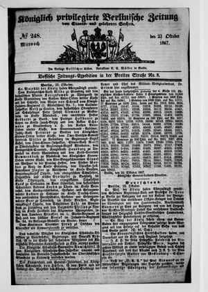 Königlich privilegirte Berlinische Zeitung von Staats- und gelehrten Sachen vom 23.10.1867