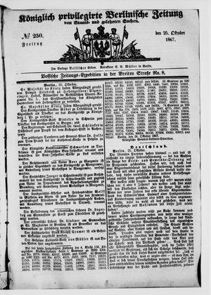 Königlich privilegirte Berlinische Zeitung von Staats- und gelehrten Sachen vom 25.10.1867