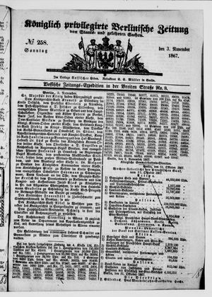 Königlich privilegirte Berlinische Zeitung von Staats- und gelehrten Sachen vom 03.11.1867