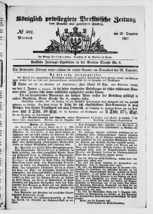 Königlich privilegirte Berlinische Zeitung von Staats- und gelehrten Sachen vom 25.12.1867