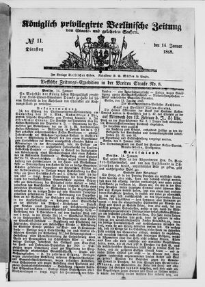 Königlich privilegirte Berlinische Zeitung von Staats- und gelehrten Sachen vom 14.01.1868