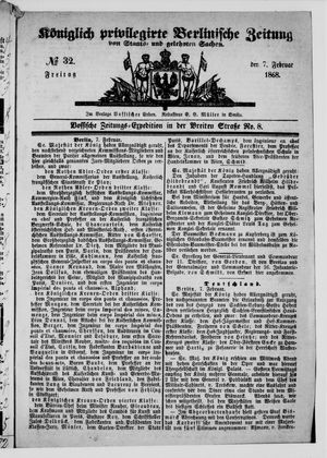Königlich privilegirte Berlinische Zeitung von Staats- und gelehrten Sachen on Feb 7, 1868