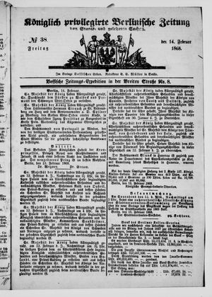 Königlich privilegirte Berlinische Zeitung von Staats- und gelehrten Sachen vom 14.02.1868