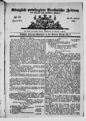 Königlich privilegirte Berlinische Zeitung von Staats- und gelehrten Sachen vom 20.02.1868