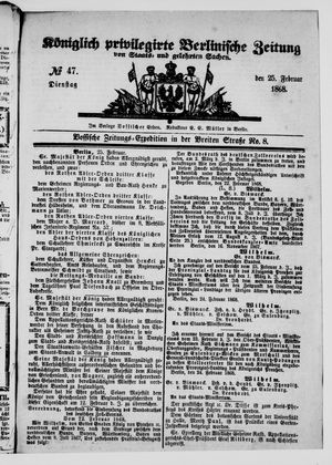 Königlich privilegirte Berlinische Zeitung von Staats- und gelehrten Sachen on Feb 25, 1868