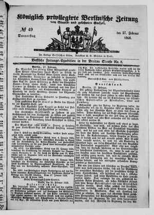 Königlich privilegirte Berlinische Zeitung von Staats- und gelehrten Sachen vom 27.02.1868