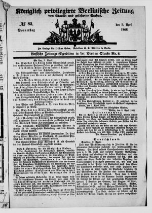 Königlich privilegirte Berlinische Zeitung von Staats- und gelehrten Sachen on Apr 9, 1868