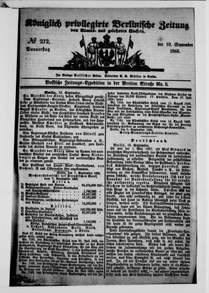 Königlich privilegirte Berlinische Zeitung von Staats- und gelehrten Sachen on Sep 10, 1868
