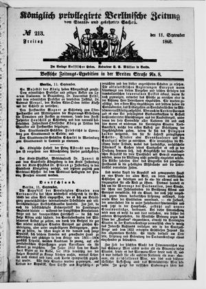 Königlich privilegirte Berlinische Zeitung von Staats- und gelehrten Sachen on Sep 11, 1868