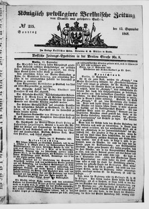 Königlich privilegirte Berlinische Zeitung von Staats- und gelehrten Sachen vom 13.09.1868